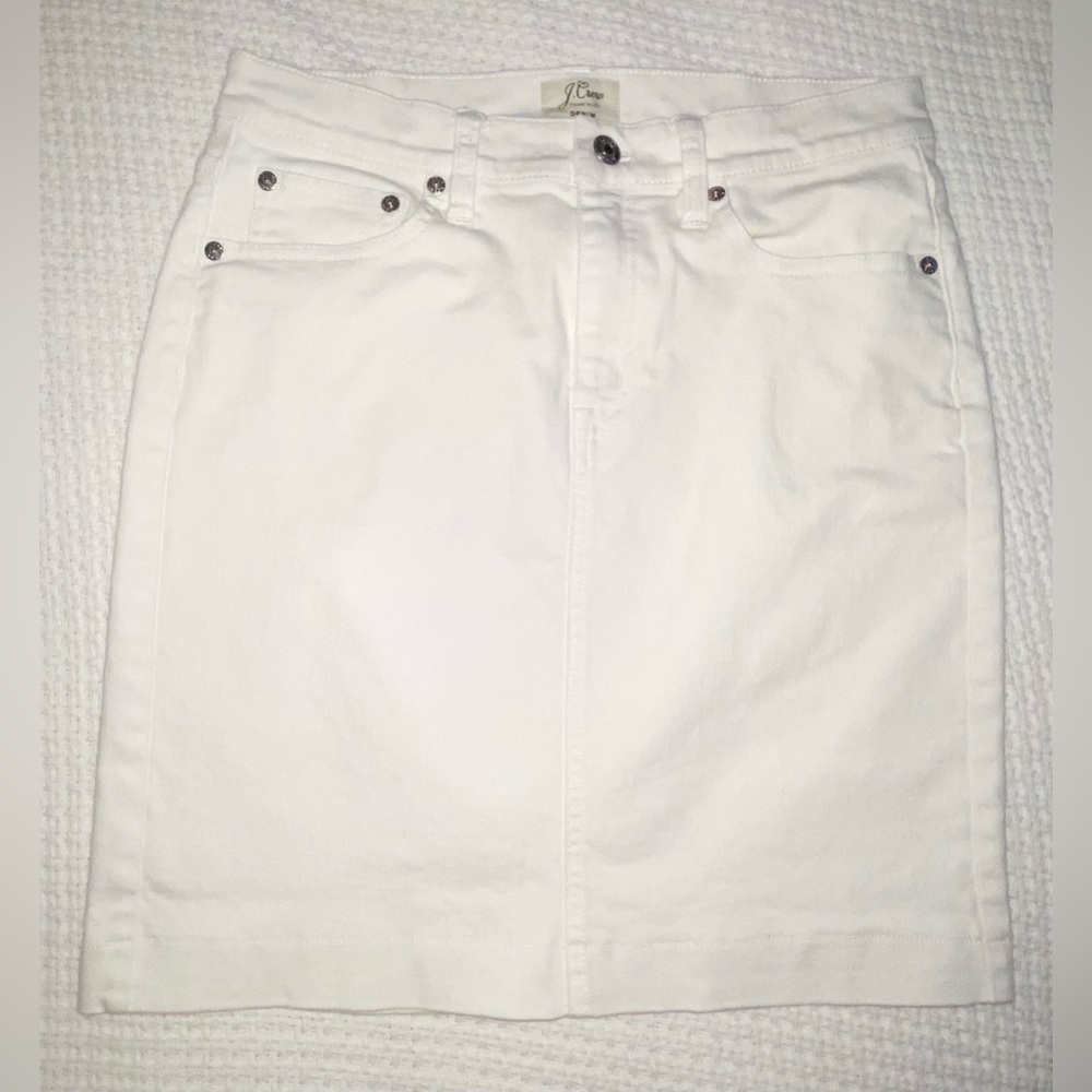 J Crew White Trademark Denim Stretch Mini Skirt size 27 zip front 98% cotton